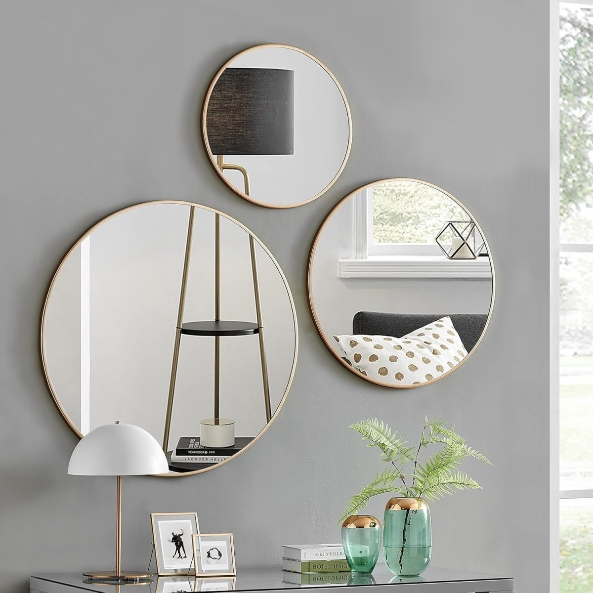 100cm Round Copper Wall Mirror Modern Large Metal Frame for Living Room - Kwikley