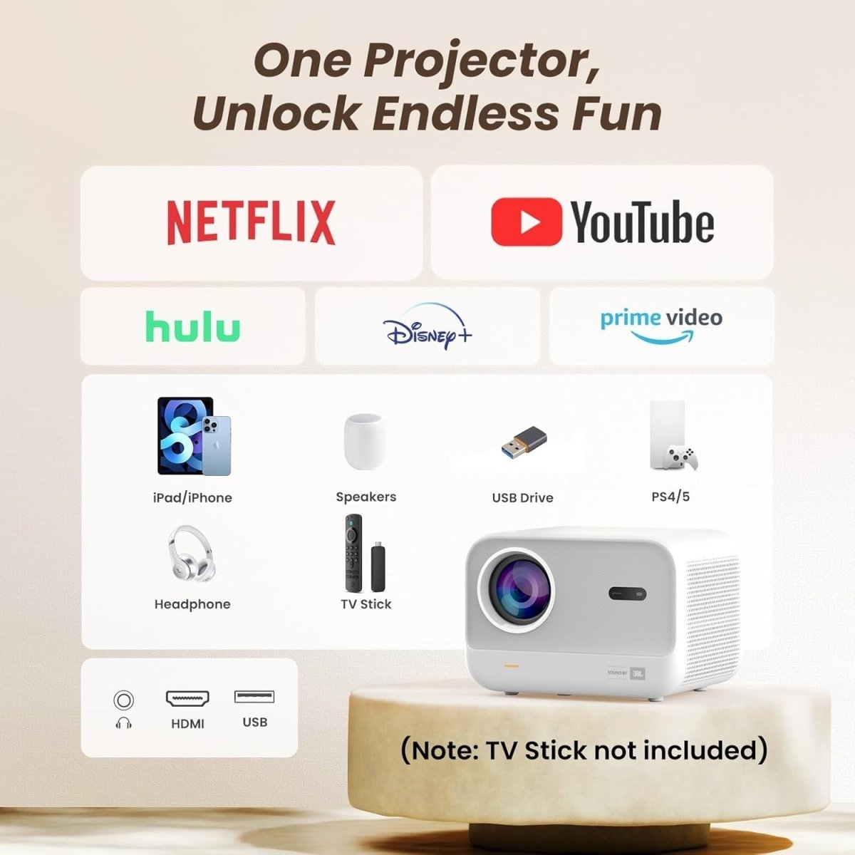 1080P Mini Projector WiFi 6 Bluetooth Auto Focus JBL 16W 50–150” - Kwikley