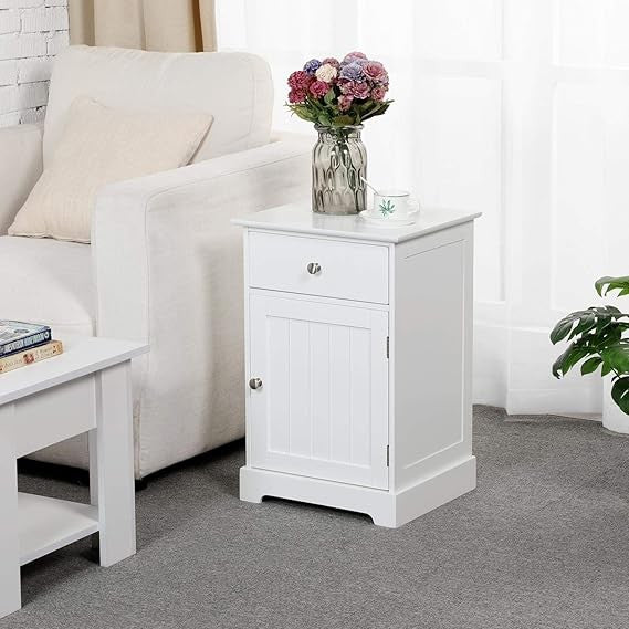 White Bedside Tables Set of 2 | Wooden Nightstands with Drawer & Cupboard
