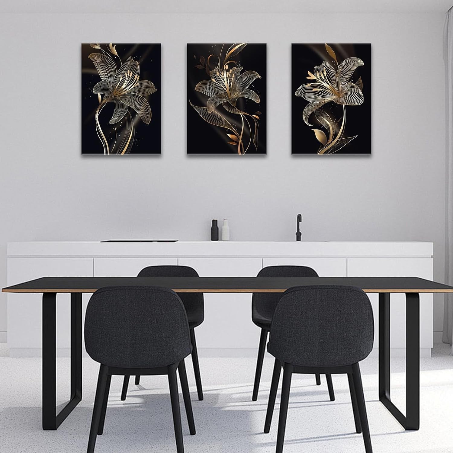 3-Piece Black Gold Lilies Canvas Wall Art 40x60 cm Framed Modern Decor