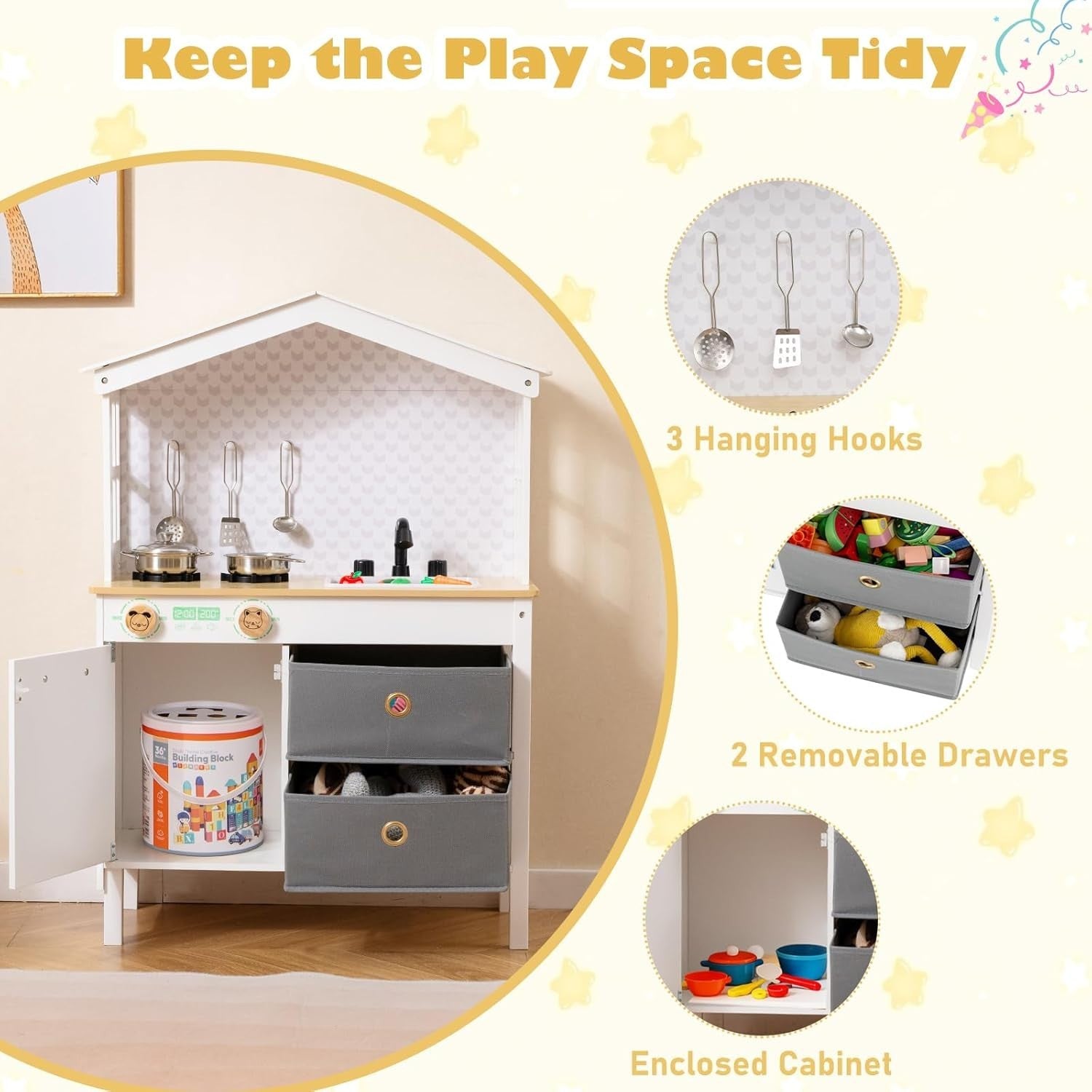 Wooden Kids Play Kitchen White w/ Dishwasher Sink Pots Role Play