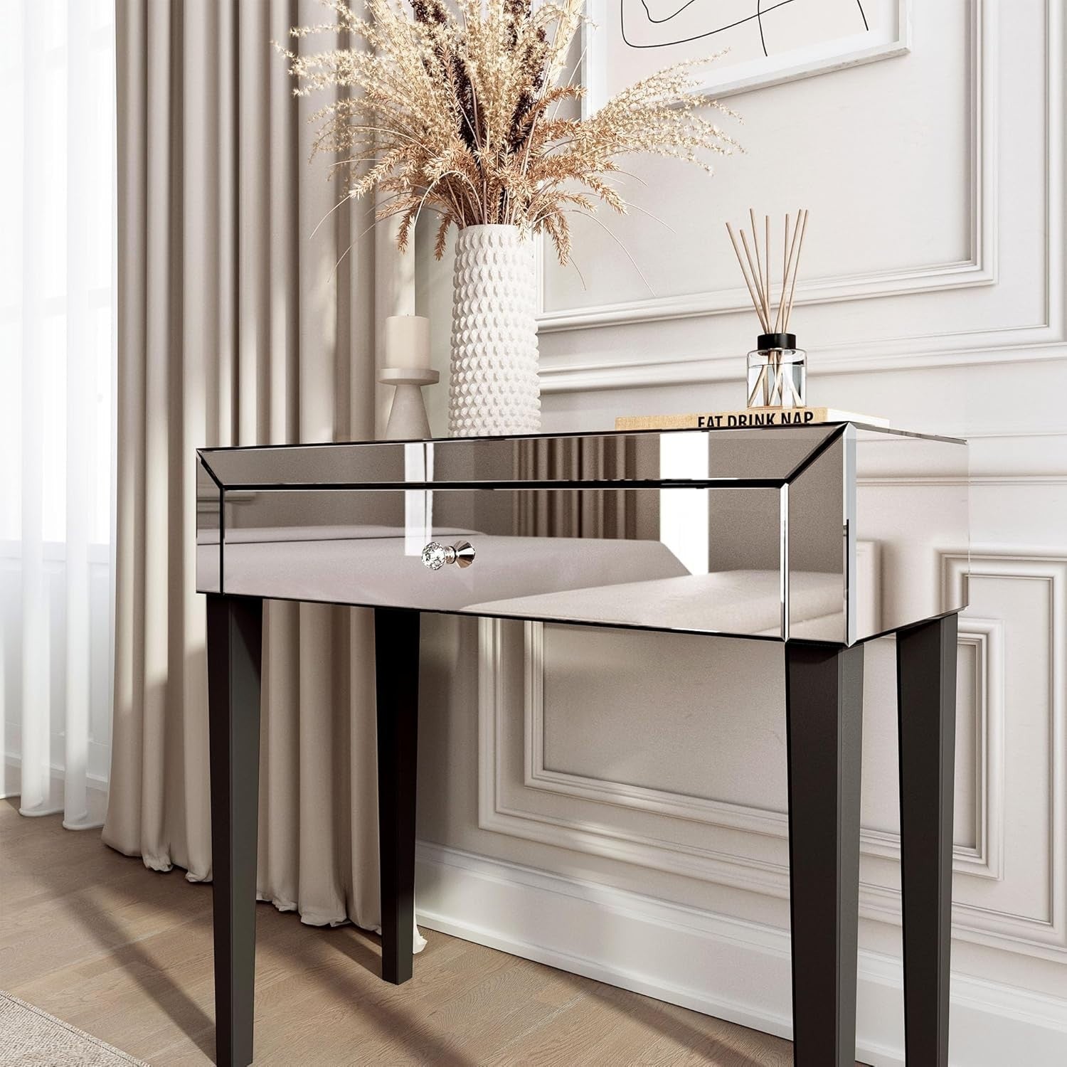 Mirrored Dressing Table Silver Glass Modern 1 Drawer Makeup Console Vanity Desk