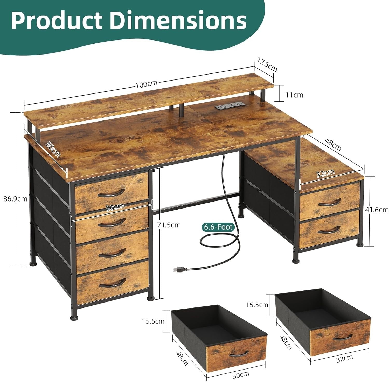 Rustic Brown 128cm Computer Desk with 6 Drawers, USB Ports & Monitor Stand