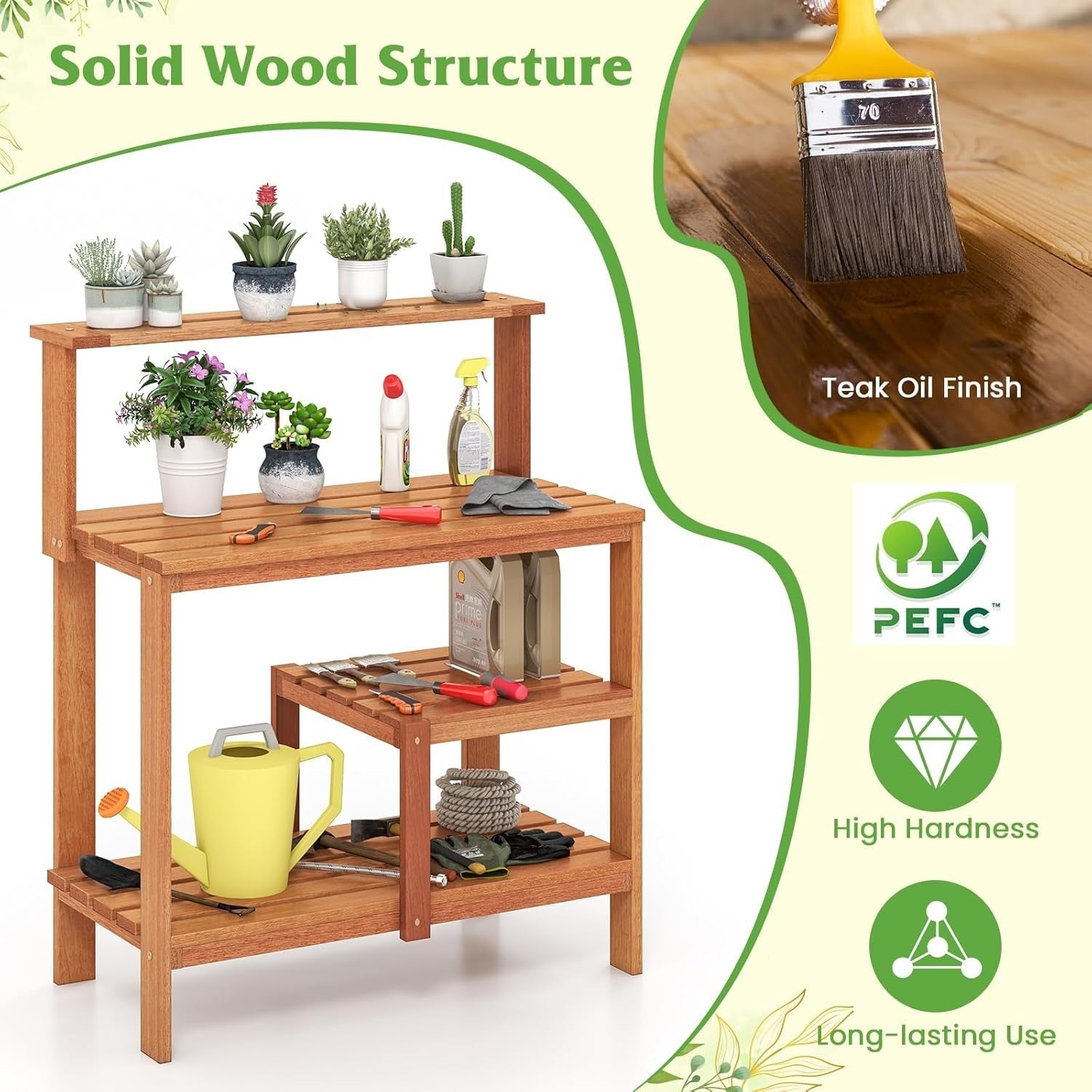 Wooden Garden Potting Table Bench w/ Shelves Teak Oil Finish Outdoor 91x46