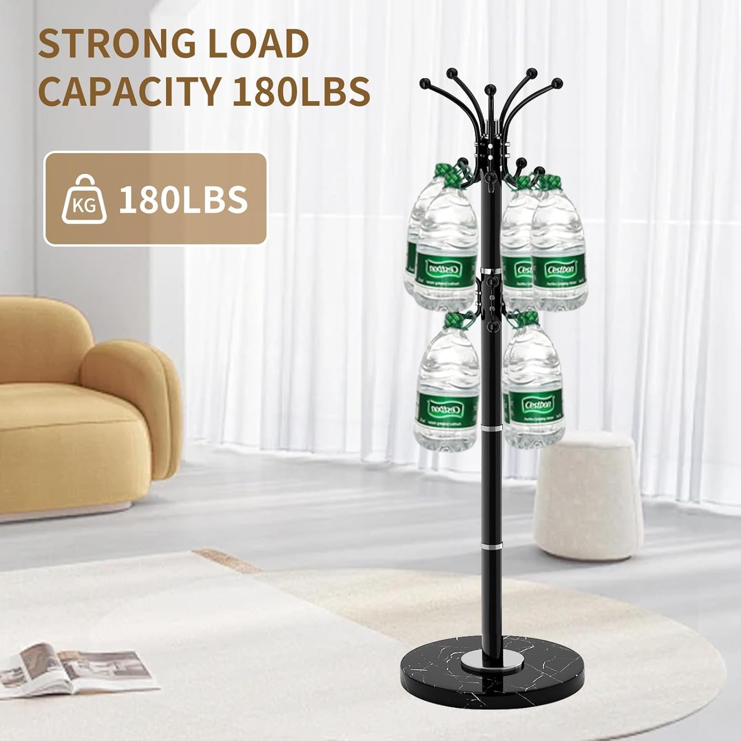 Modern 360° Rotating Metal Coat Rack with Marble Base | 14 Hook Stand