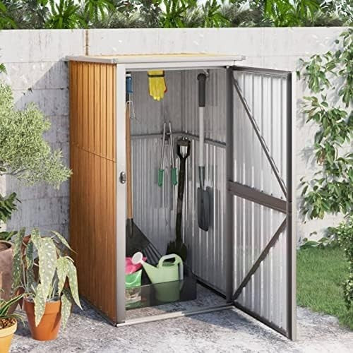 Outdoor Metal Garden Storage Shed with Sloped Roof & Handle Brown 88x89x161cm