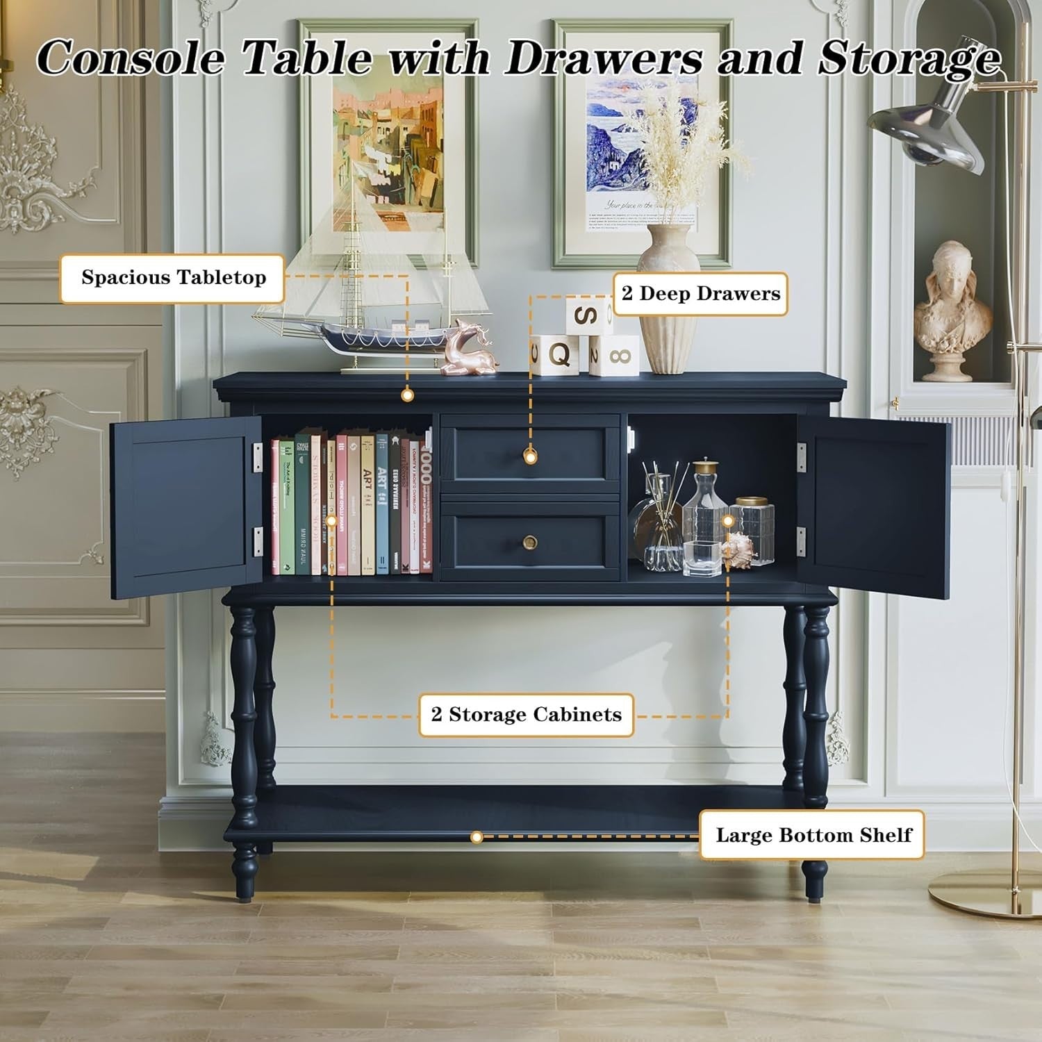 Retro Navy Blue Console Table with Storage Drawers & Shelf for Hallway