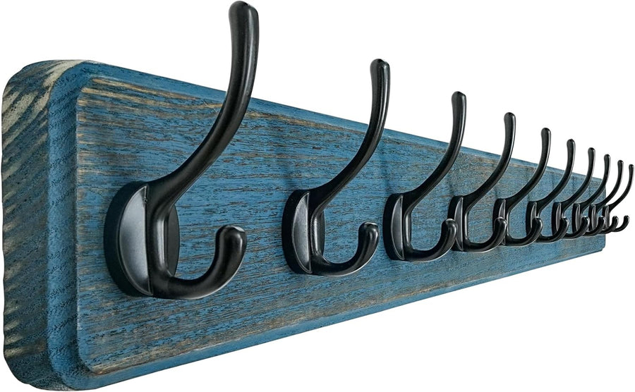 Wooden Wall Mounted Coat Rack 97cm 10 Double Hooks Rustic Blue Hanger