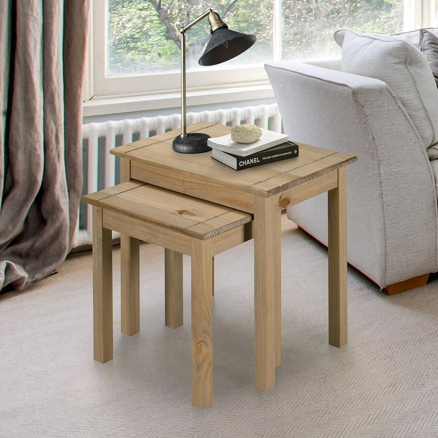 Natural Oak Effect Nesting Coffee Tables Set of 2, Rectangular End Side Display