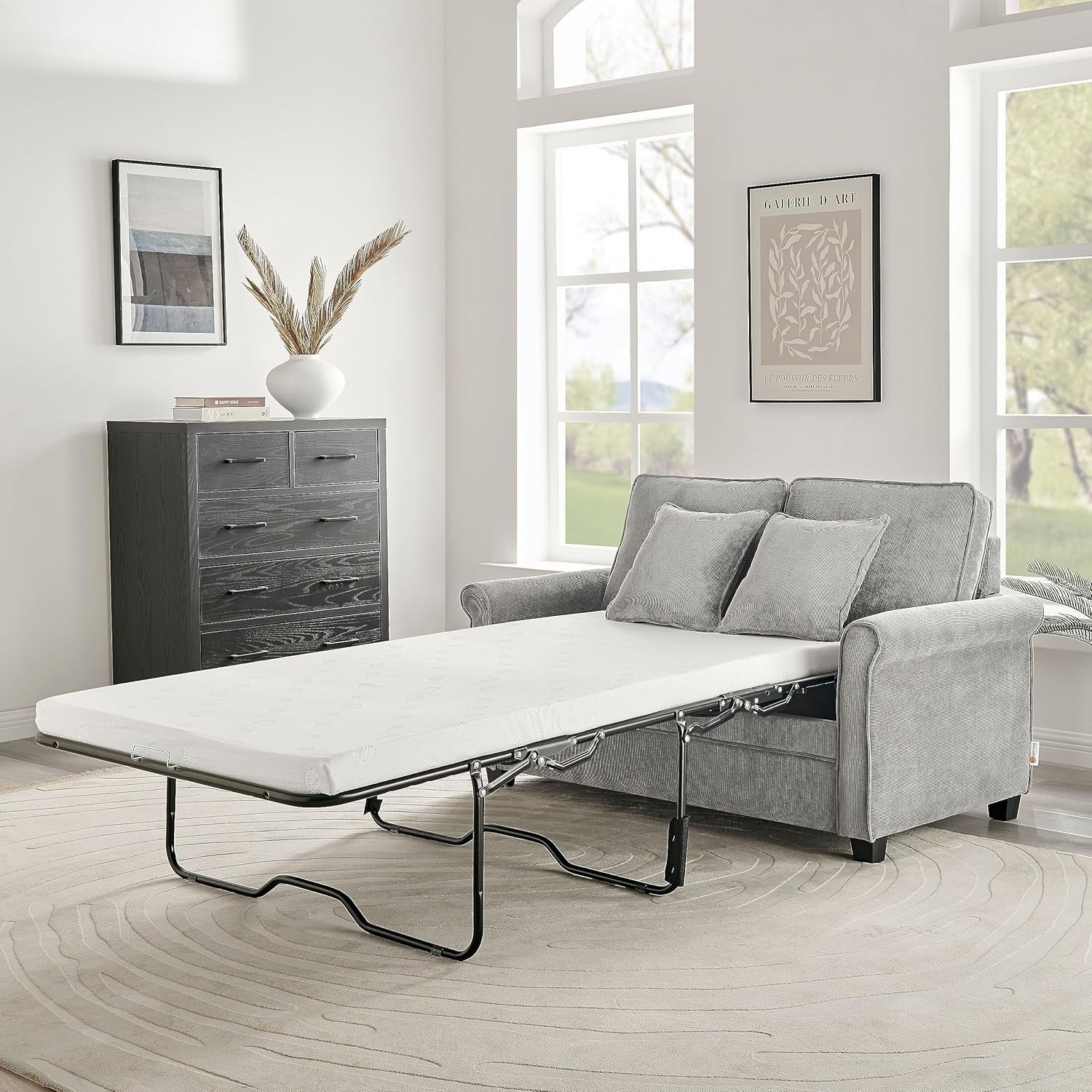 Grey Corduroy Sofa Bed 2 Seater Fold Out Couch Guest Bed Compact Lounge