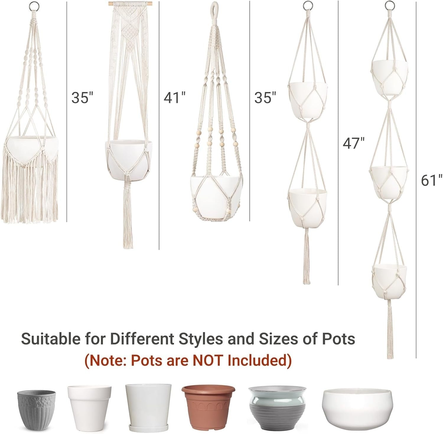 Boho Macrame Plant Hangers Set of 5 Indoor/Outdoor Cotton Planters