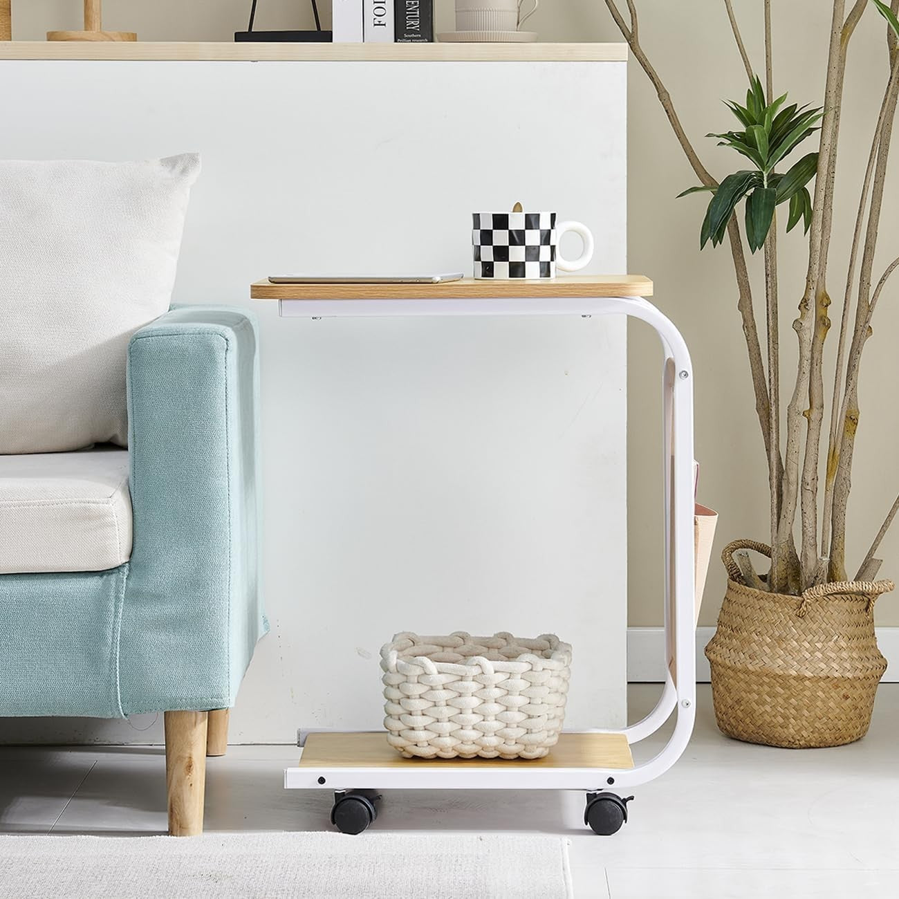 Rectangular C-Shaped Sofa Side Table with Wheels Walnut Wood Metal Frame 60cm