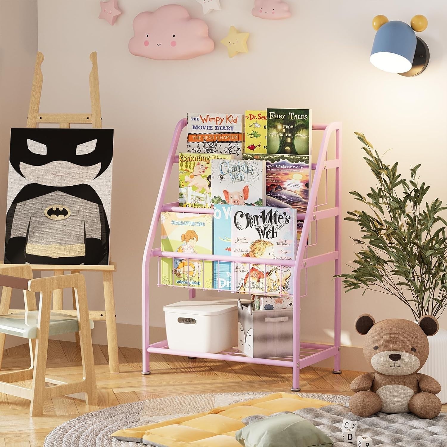 Kids Leaning Bookshelf & Toy Organizer Rack – Durable Metal, Space Saving, Pink