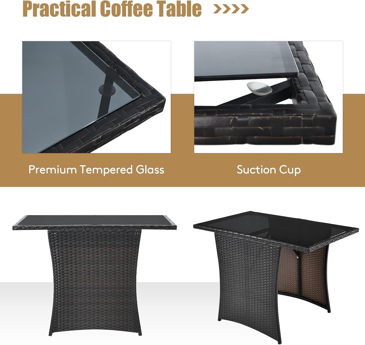 3 Piece Rattan Patio Dining Set Glass Table Outdoor Chairs with Cushions