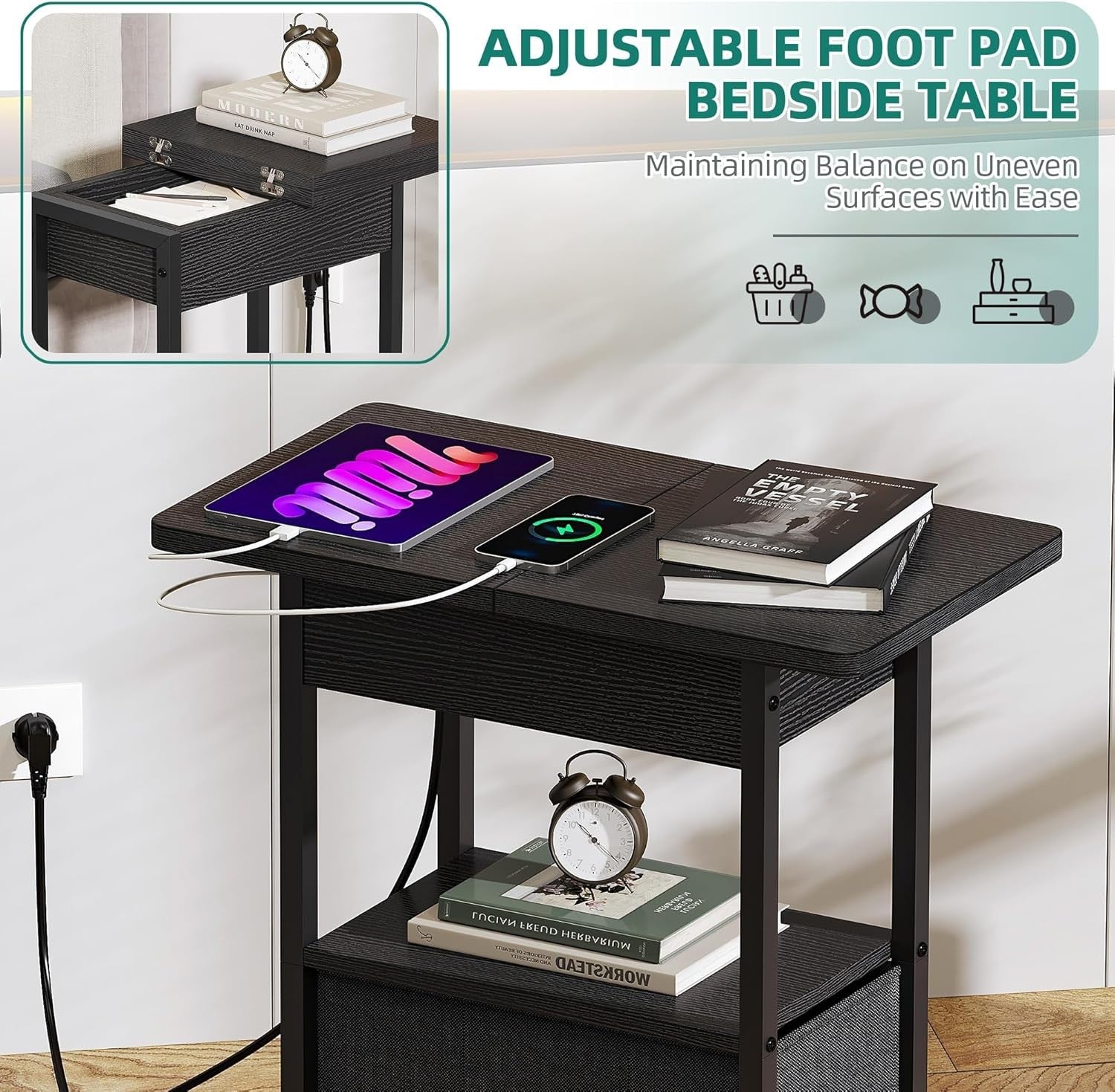 Slim Charging Side Table with USB Ports, Storage Shelf & Drawer for Bedroom