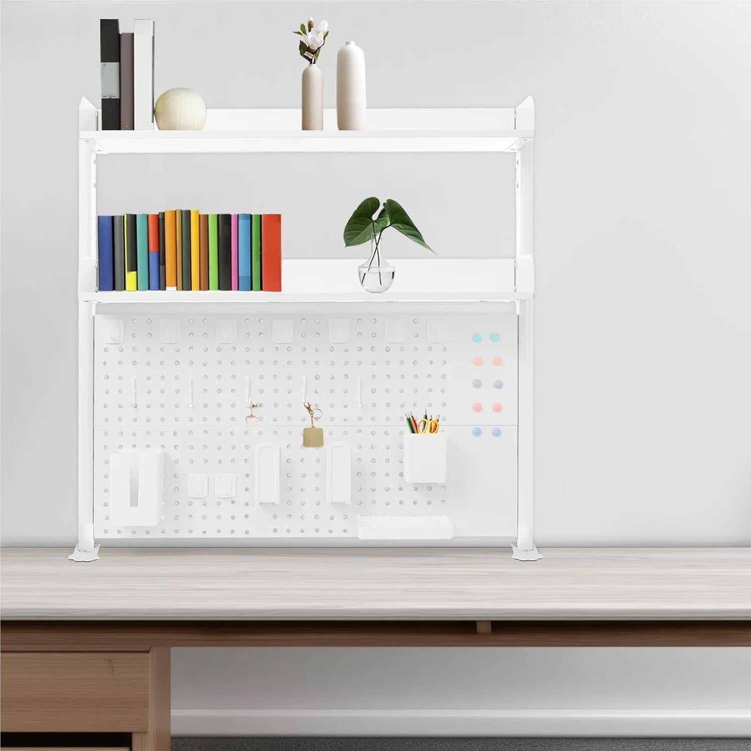 Clamp-On Desk Shelf 2-Tier Pegboard Adjustable Desktop Organizer White
