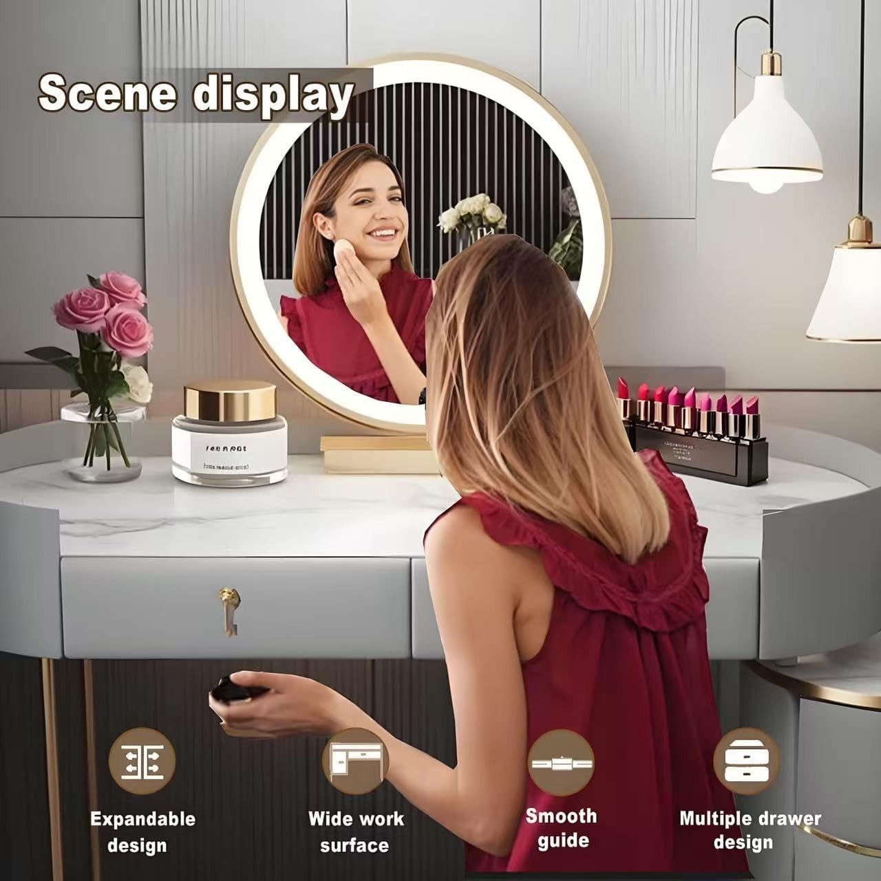 Luxury Vanity Makeup Dressing Table Desk Mirror LED Lights 4 Drawers Grey