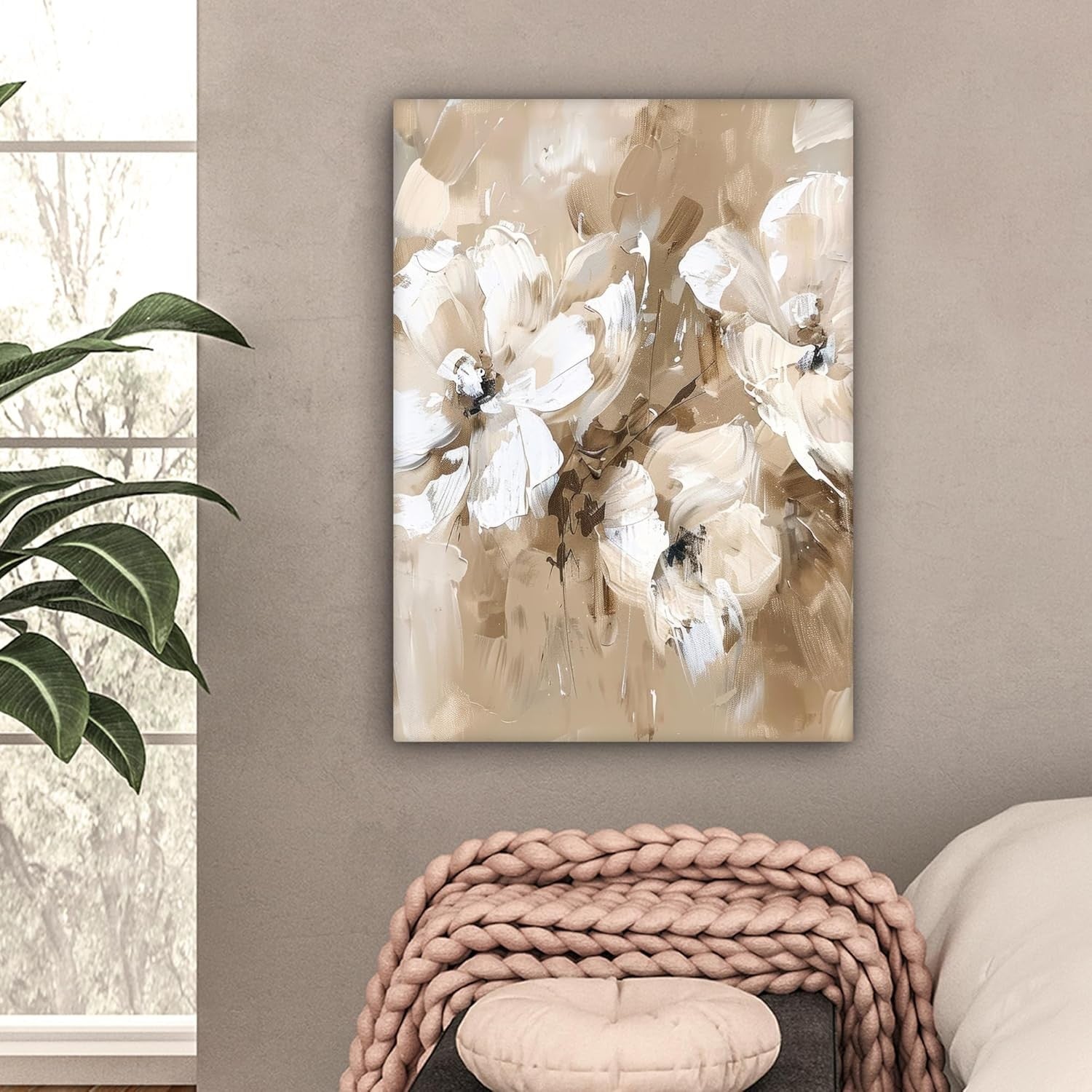 Beige Floral Canvas Wall Art 50x70cm Framed Watercolour Decor
