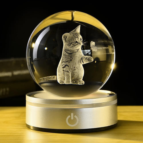 3D Cat Crystal Ball LED Light • Engraved Kitten with Butterfly Ornament