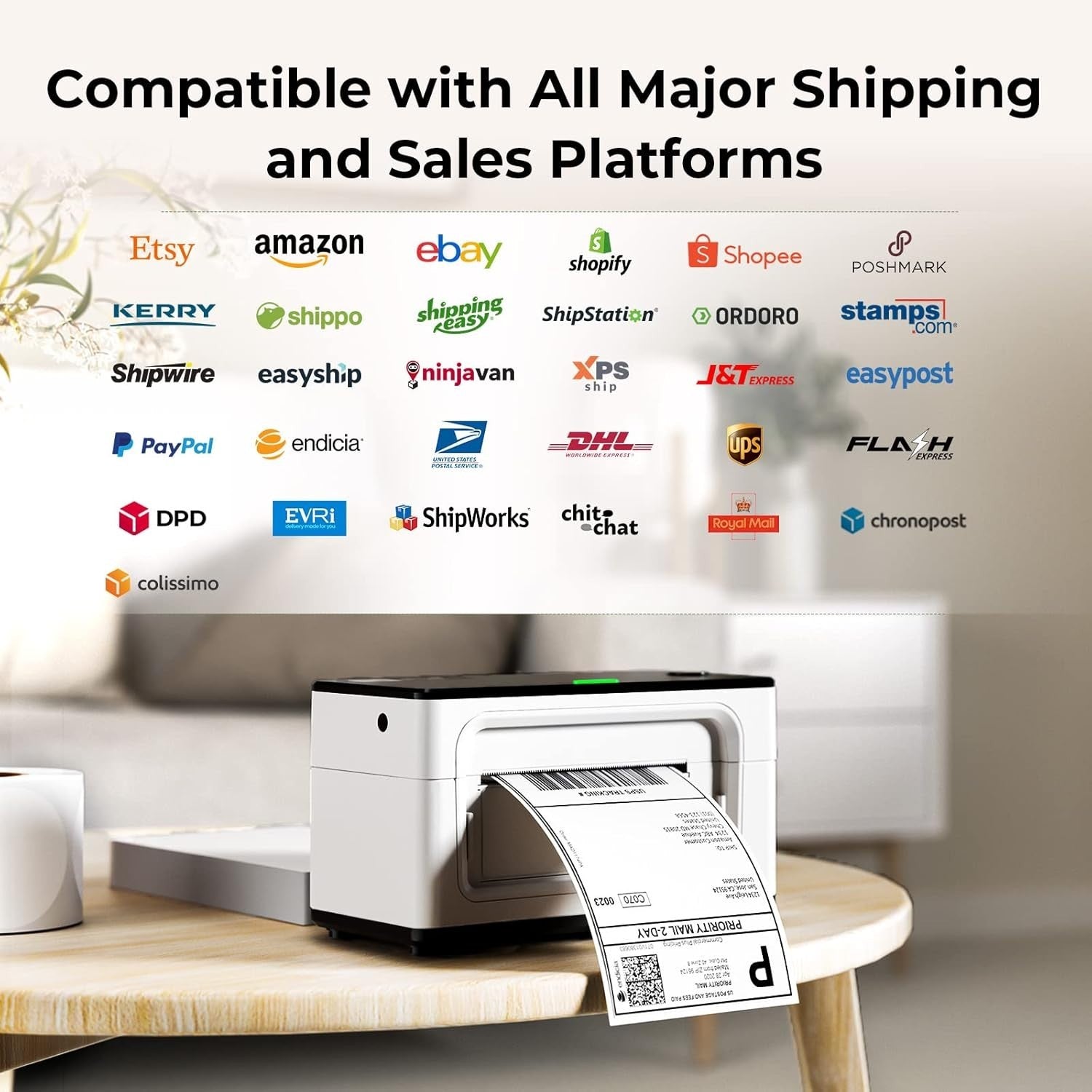 White Bluetooth 4x6 Thermal Label Printer High-Speed Shipping Small Biz