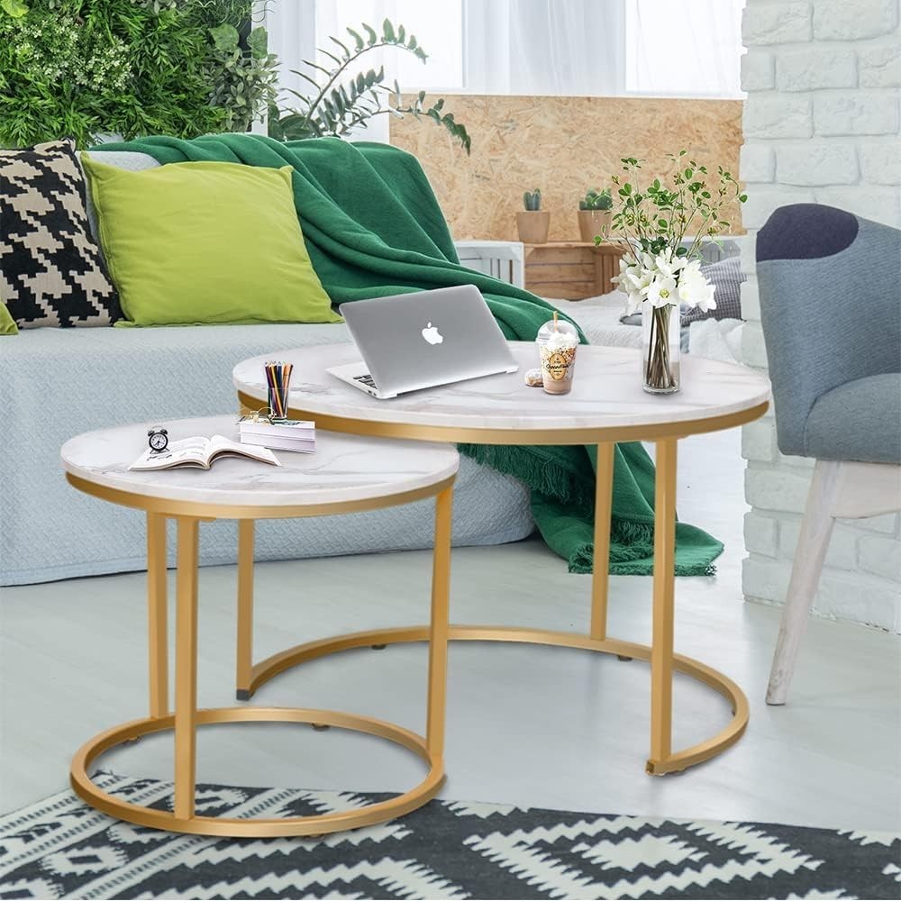 Nesting Coffee Tables Set 2 Round Marble Gold Metal Living Room Side End Table