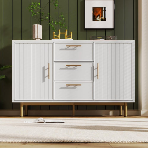 Modern White & Gold Sideboard Cabinet 2 Doors 3 Drawers Adjustable Shelf