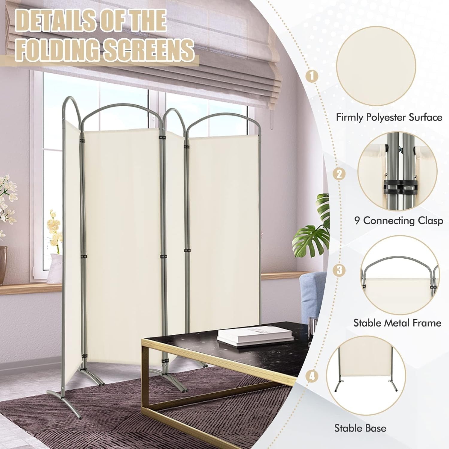 4 Panel White Folding Room Divider Freestanding Privacy Screen Partition 221x188