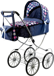 Blue Doll Pram Pushchair with Cot Adjustable Hood Basket Bag