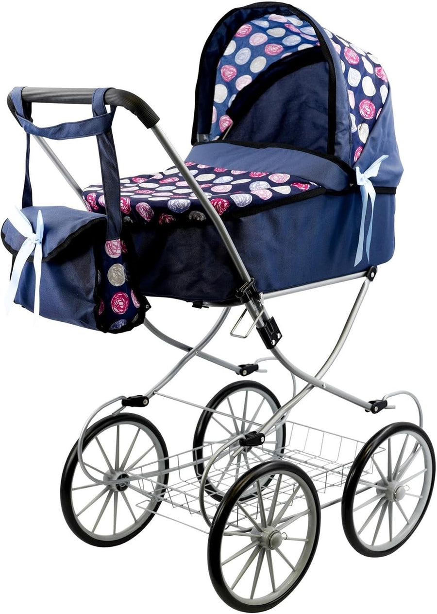 Blue Doll Pram Pushchair with Cot Adjustable Hood Basket Bag