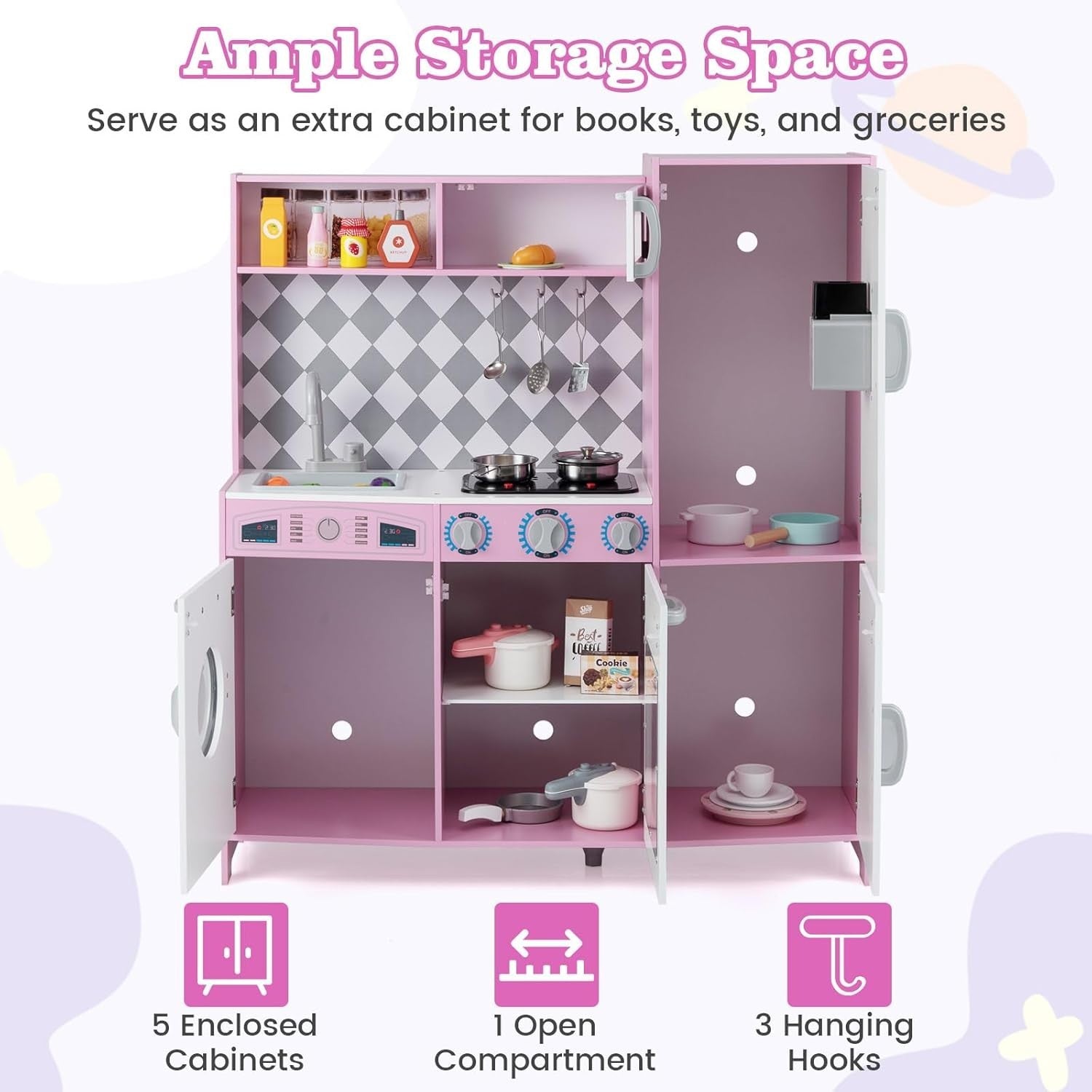Large Wooden Kids Play Kitchen Pink White Lights Sounds Toy Set