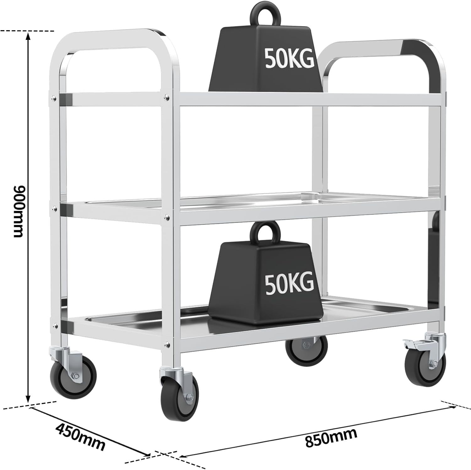 Large Stainless Steel 3 Tier Kitchen Trolley 100kg Cart