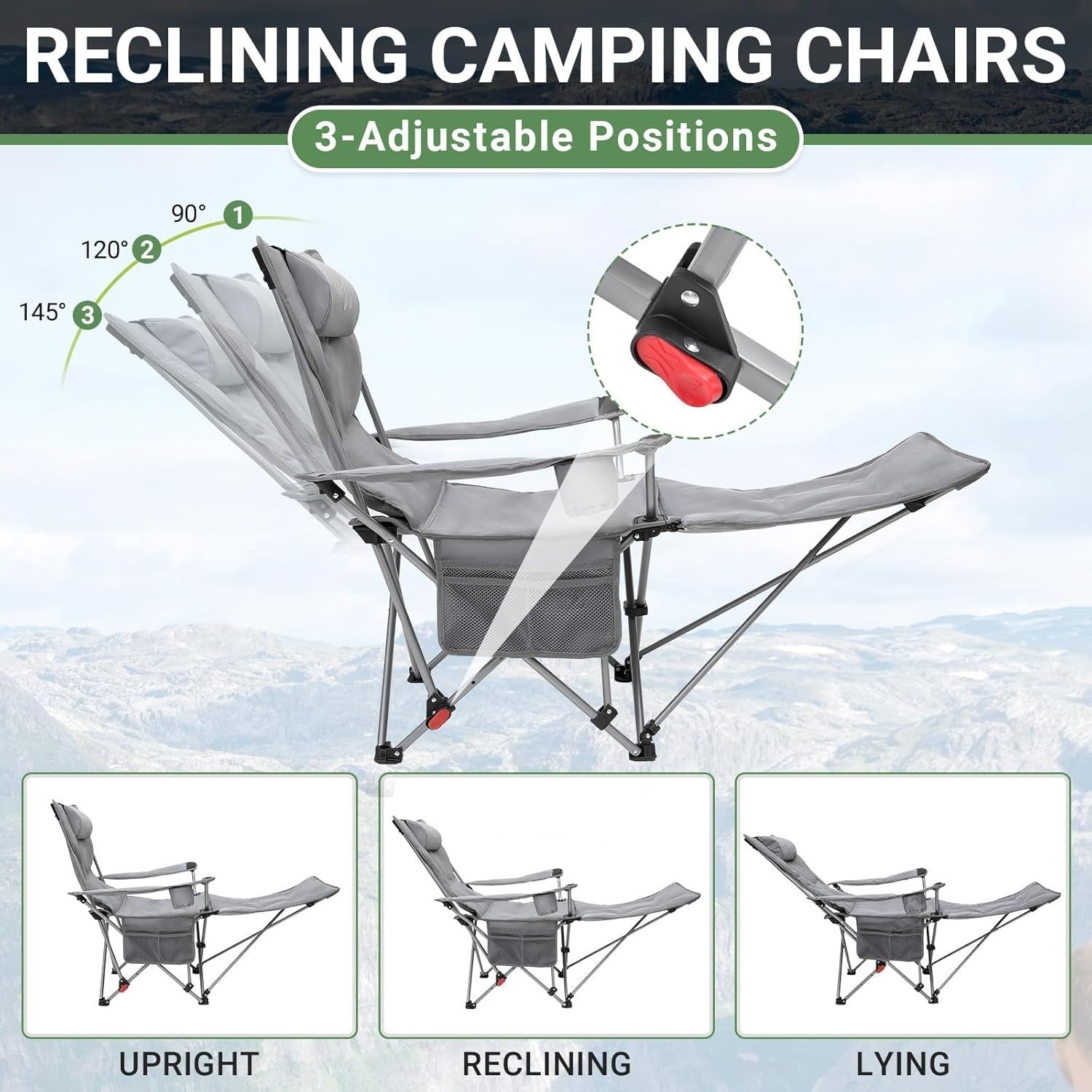 2x Reclining Folding Camping Chairs Padded Footrest Grey Cup Holder