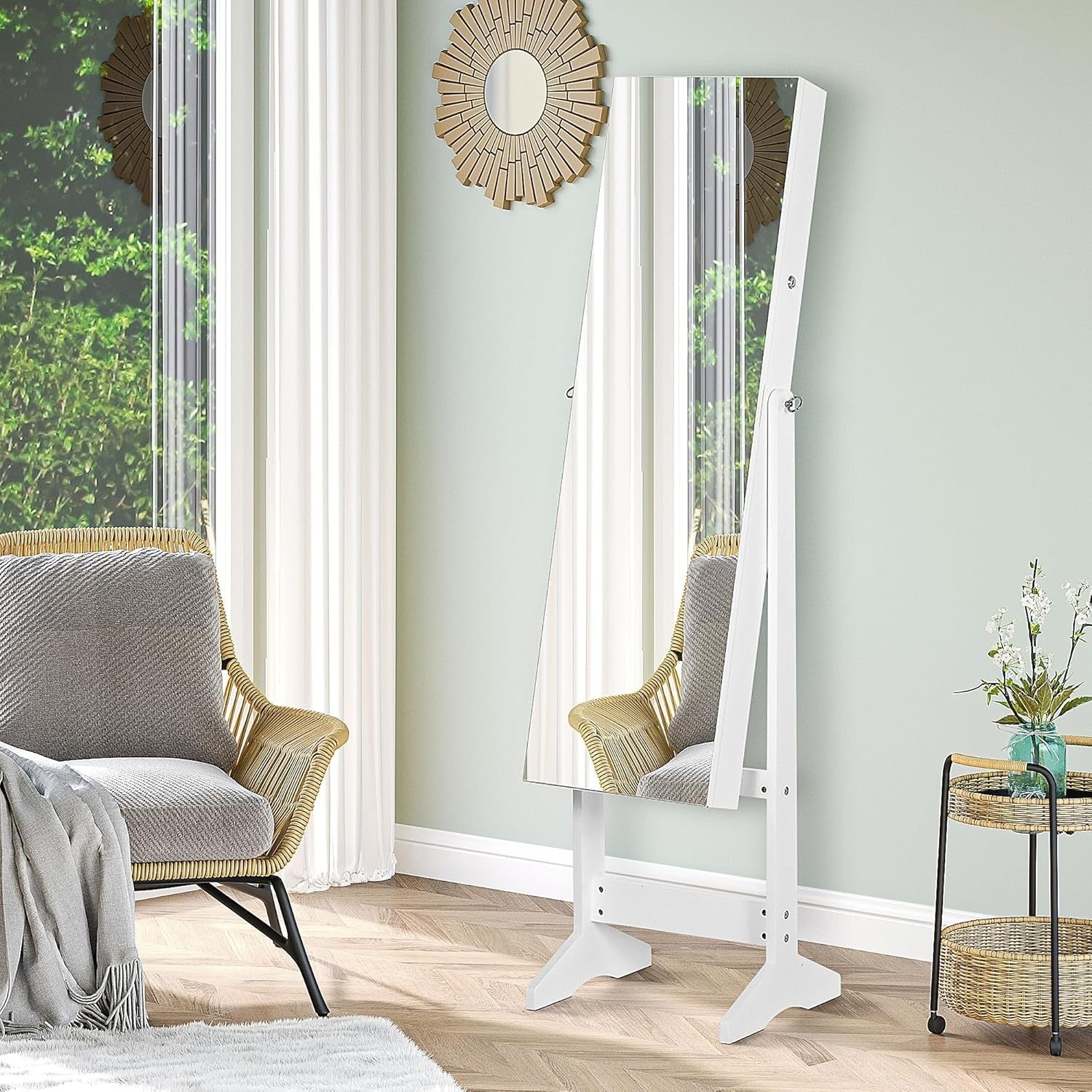 Standing Jewelry Cabinet Full Length Mirror Lockable Storage Organizer White