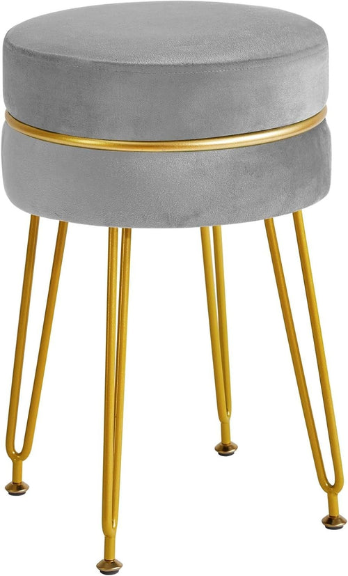 Velvet Round Footstool Ottoman with Gold Legs – Grey Makeup Vanity Stool
