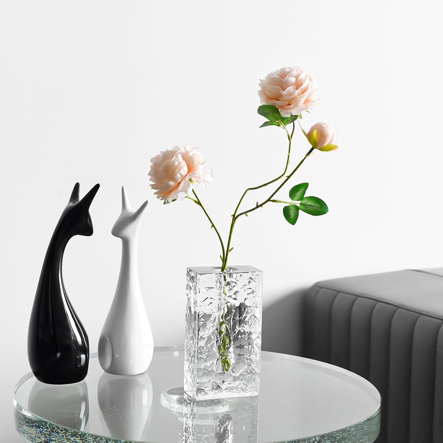 Tall Crystal Glass Vase Ice Texture Modern Rectangular Tabletop Home Decor