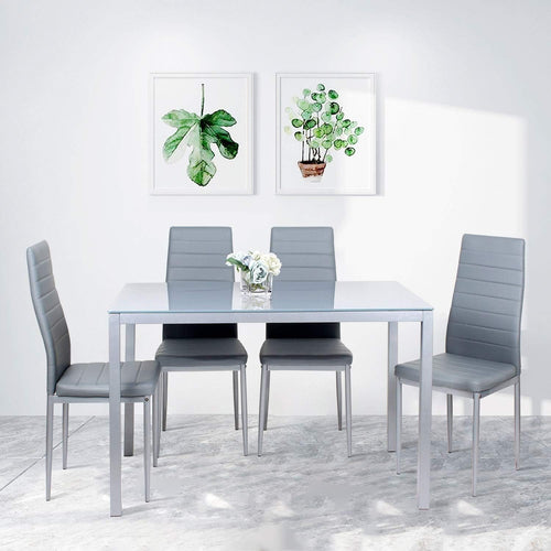 Modern Grey Glass Dining Table & 4 High Back Faux Leather Chairs Set