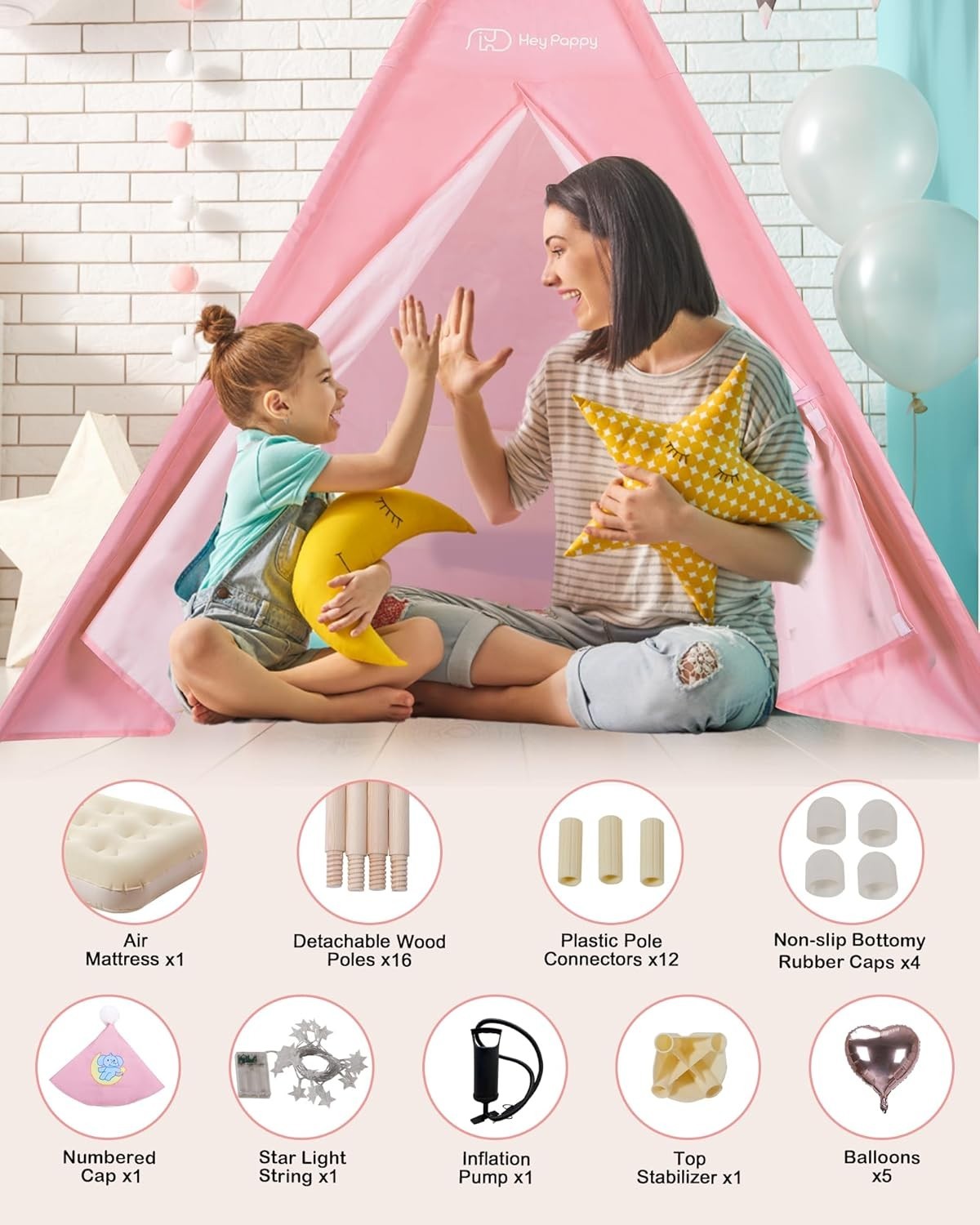 Kids Teepee Tent with Inflatable Airbed, Lights & Balloons – Pink Playhouse