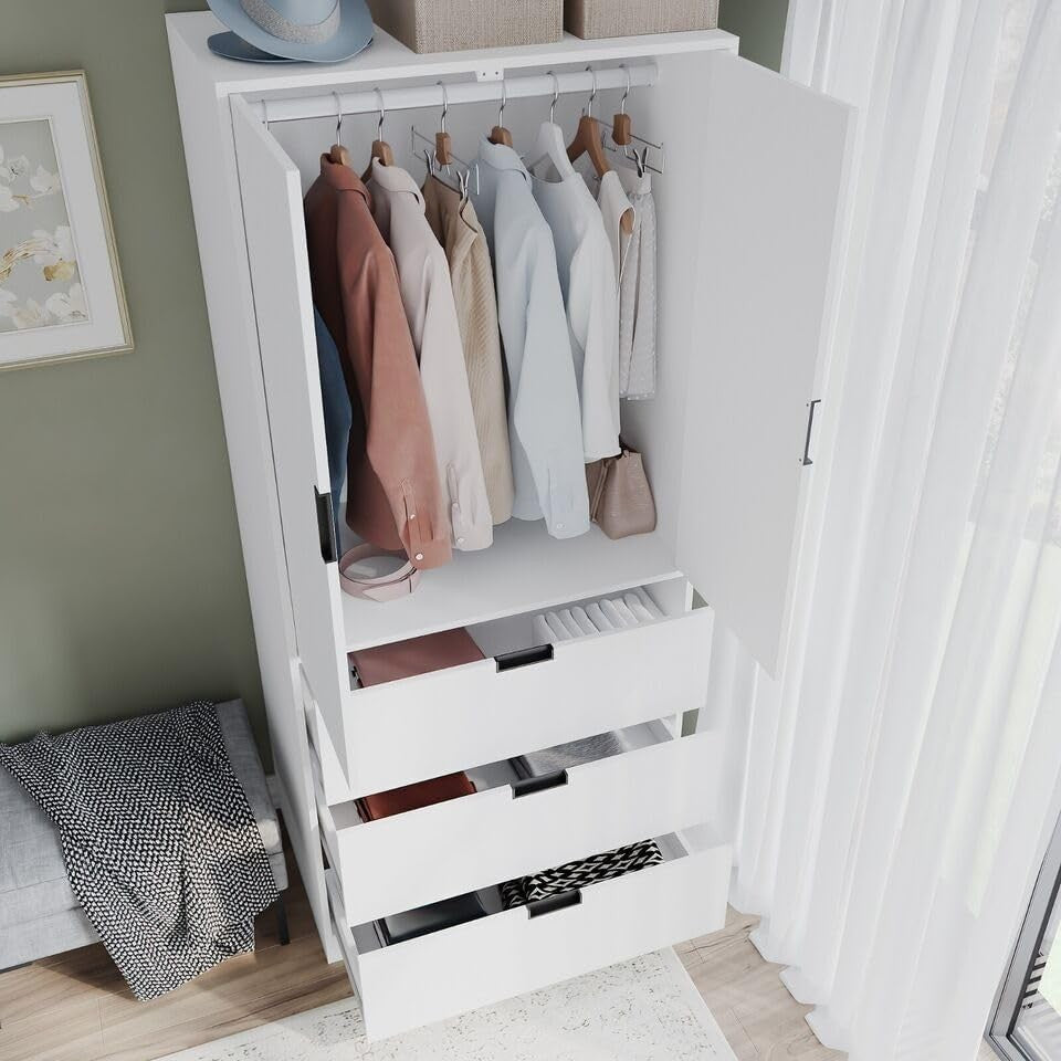 White 2 Door Wardrobe with 3 Drawers & Hanging Rail - Bedroom Storage Unit