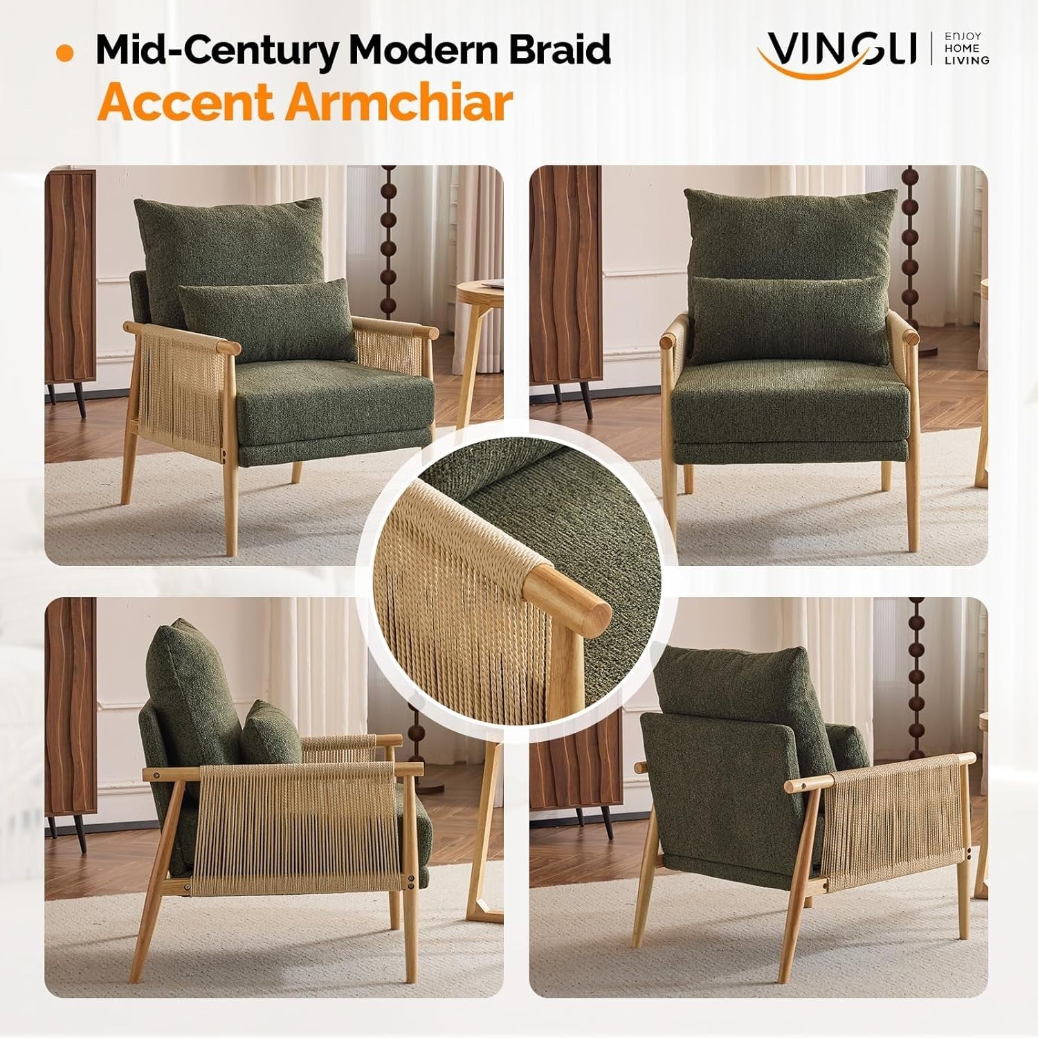 Rattan Accent Armchair Modern Lounge Chair w Pillow Wood Frame Comfy