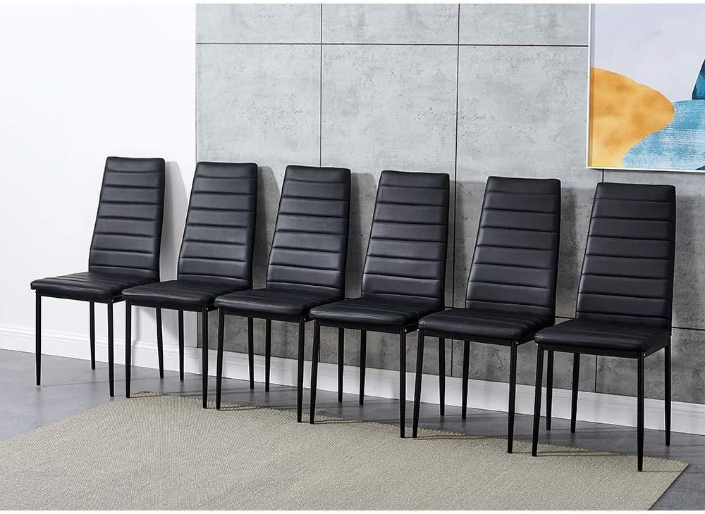 Modern 6-Seater Black Glass Dining Table Set with PU Leather Chairs