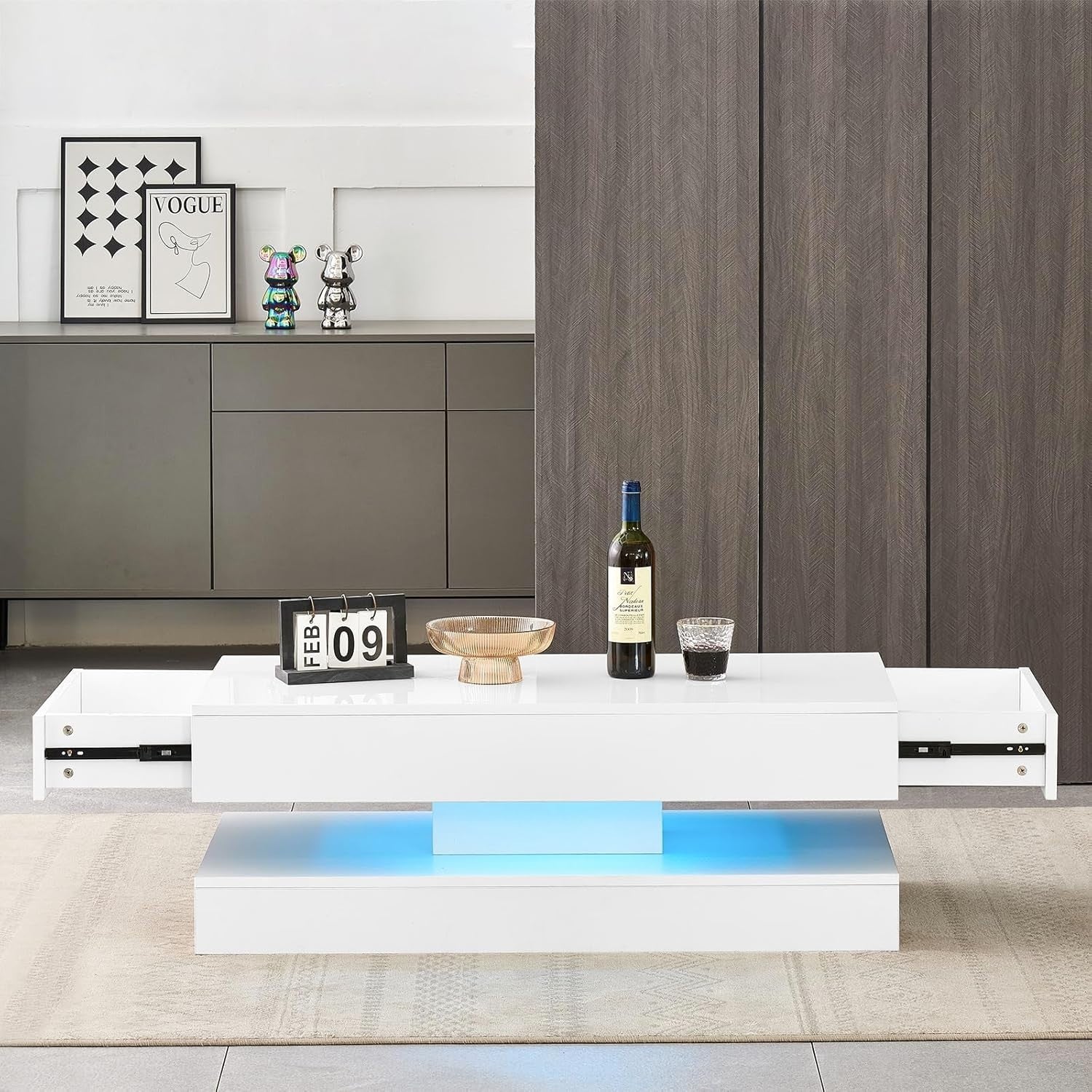 Modern White Coffee Table with LED Lights & 2 Drawers – Storage & Style