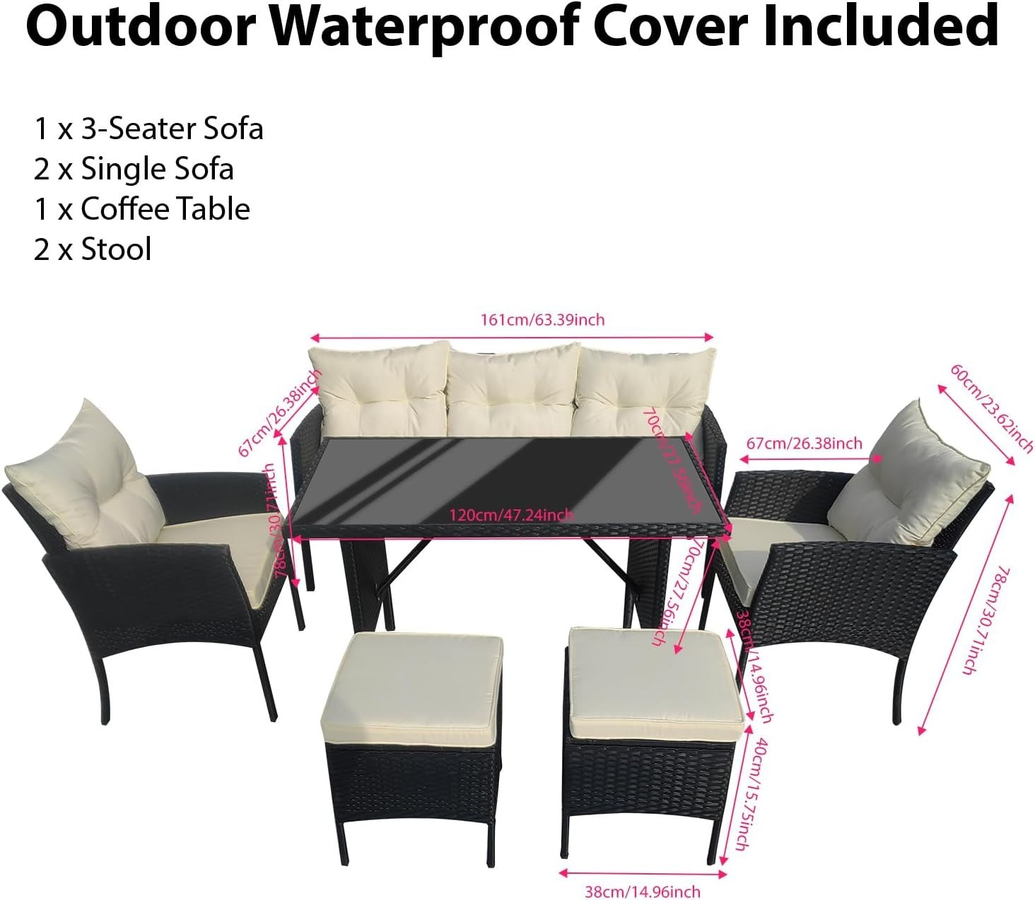 Black Rattan Garden Furniture Set 6 Seater Cushions Sofa Outdoor Patio