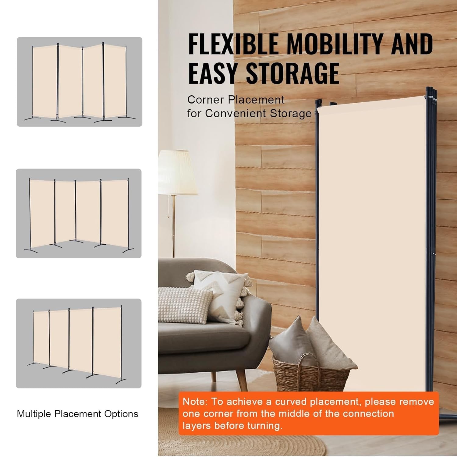 4 Panel Beige Folding Room Divider Privacy Screen Partition 364x184cm