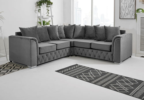 Steel Plush Velvet 5-Seater Corner Sofa – Scatterback & Button Detail