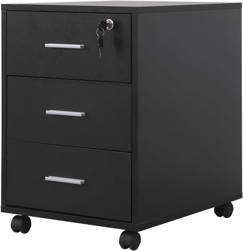 Black Lockable Mobile Filing Cabinet 3 Drawer Under Desk Printer Stand