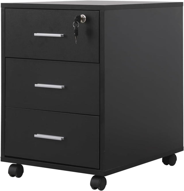 Black Lockable Mobile Filing Cabinet 3 Drawer Under Desk Printer Stand