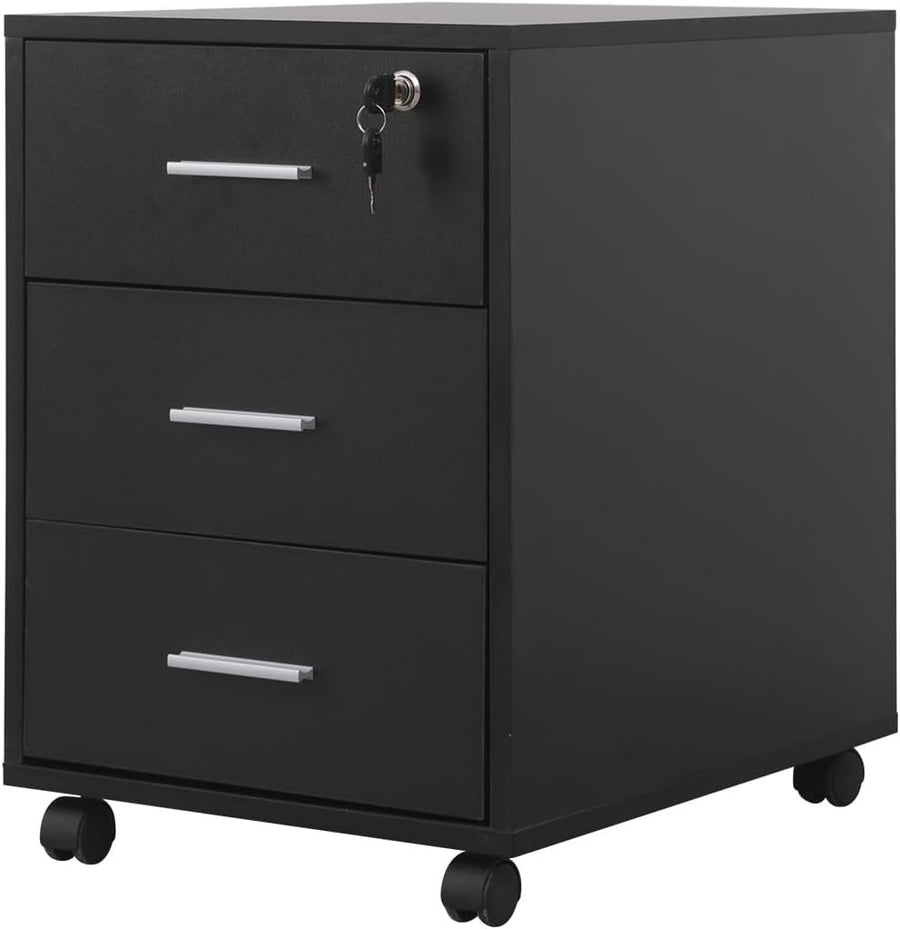 Black Lockable Mobile Filing Cabinet 3 Drawer Under Desk Printer Stand