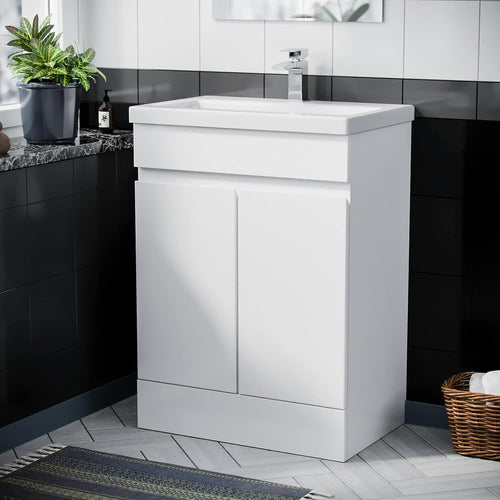 600mm White Bathroom Vanity Unit with Basin Gloss Freestanding Sink Cabinet