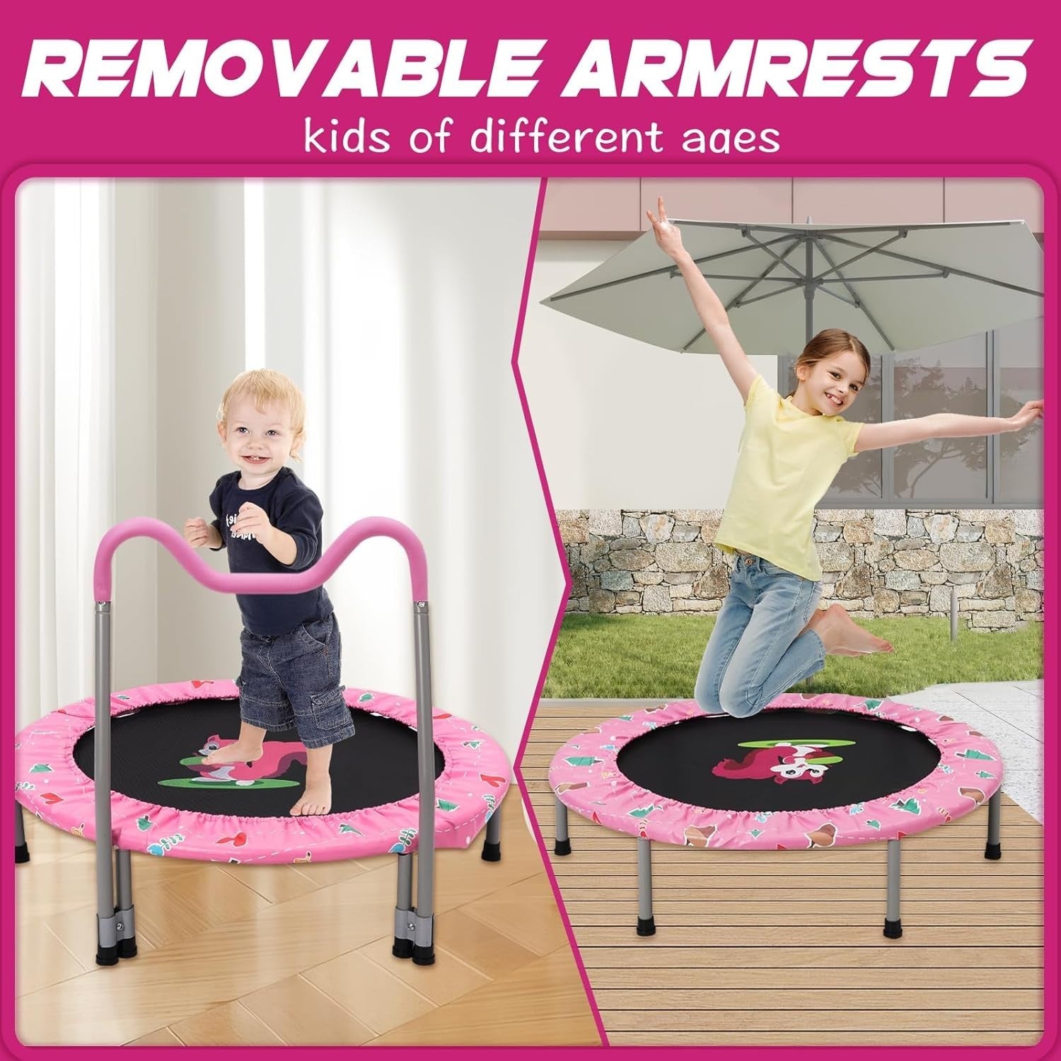 36in Toddler Trampoline Adjustable Handle Foldable Indoor Outdoor