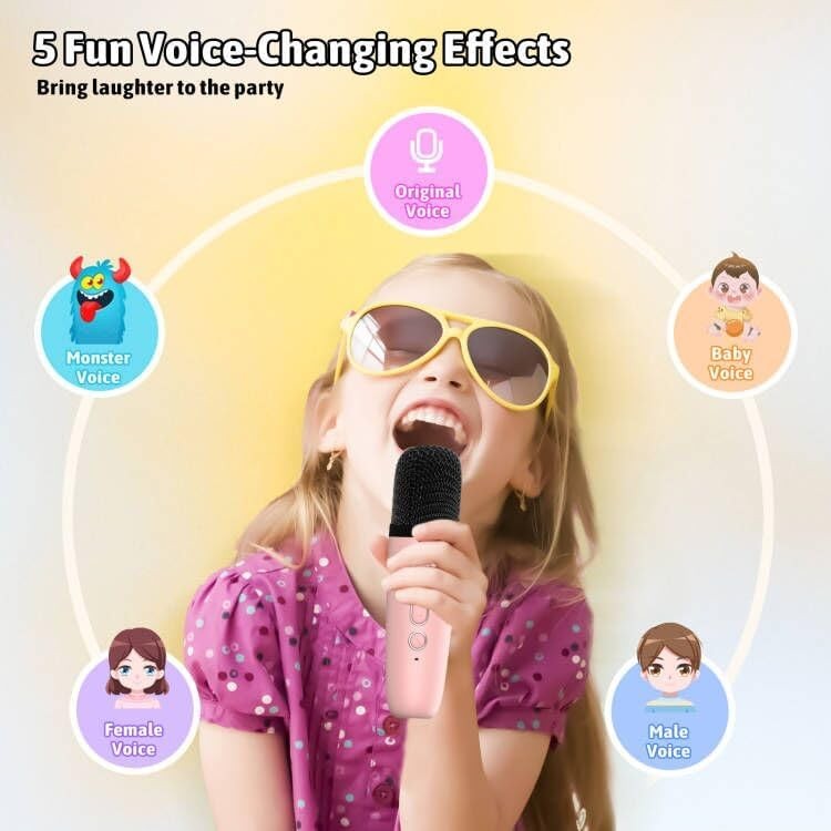 Pink Mini Karaoke Machine 1 Wireless Mic LED Voice Changer